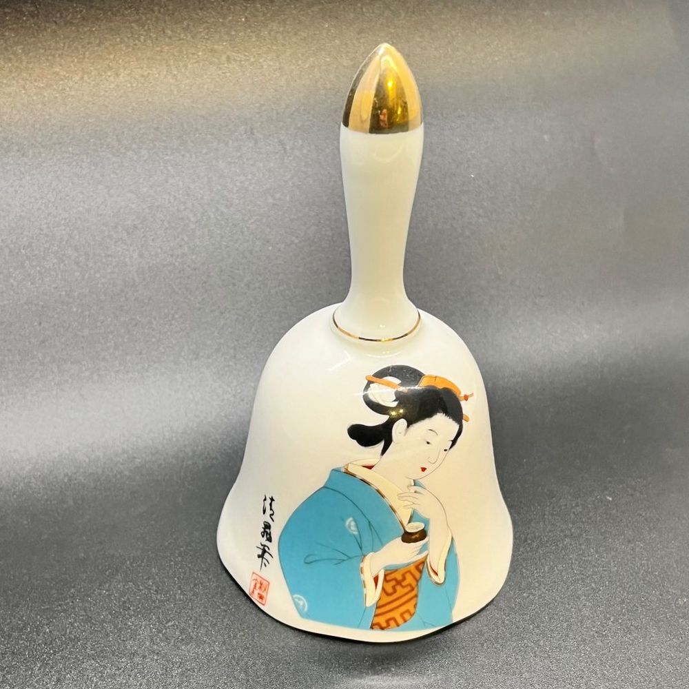 Vintage Oriental Geisha Themed Porcelain Bell with Gold Trim, Medium Size
